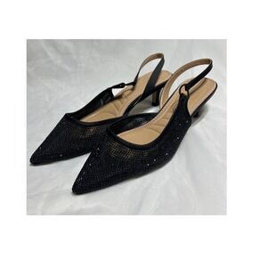 Adrienne Vittadini Black Rhinestone Mesh Slingback Kitten Heels Womens Size 10M